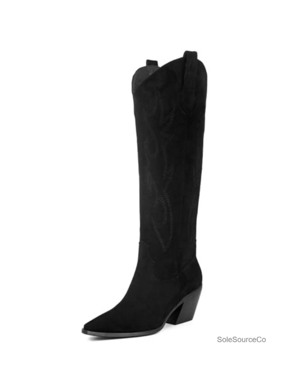 Knee High Cowboy Boots Pointed Toe Block Heel Faux Suede Embroidered